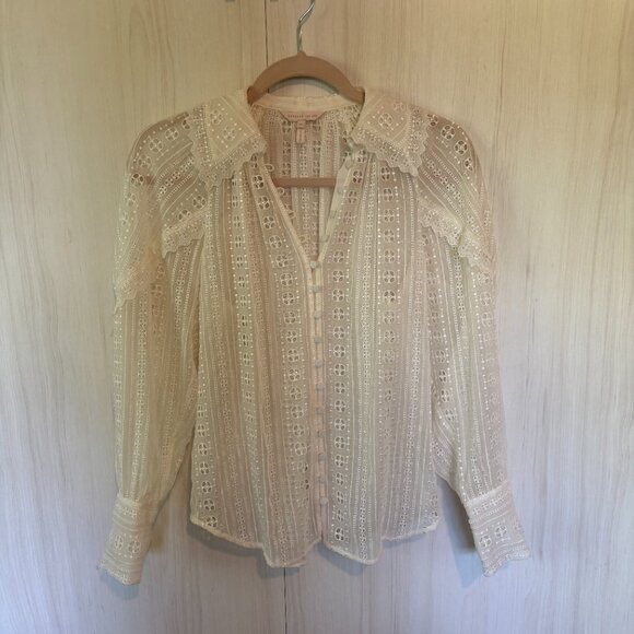 Rebecca Taylor Geo Eyelet Silk Blouse, Cream, XS - Picture 8 of 12